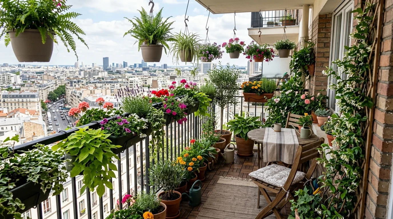 A balcony garden optimized for space and light.