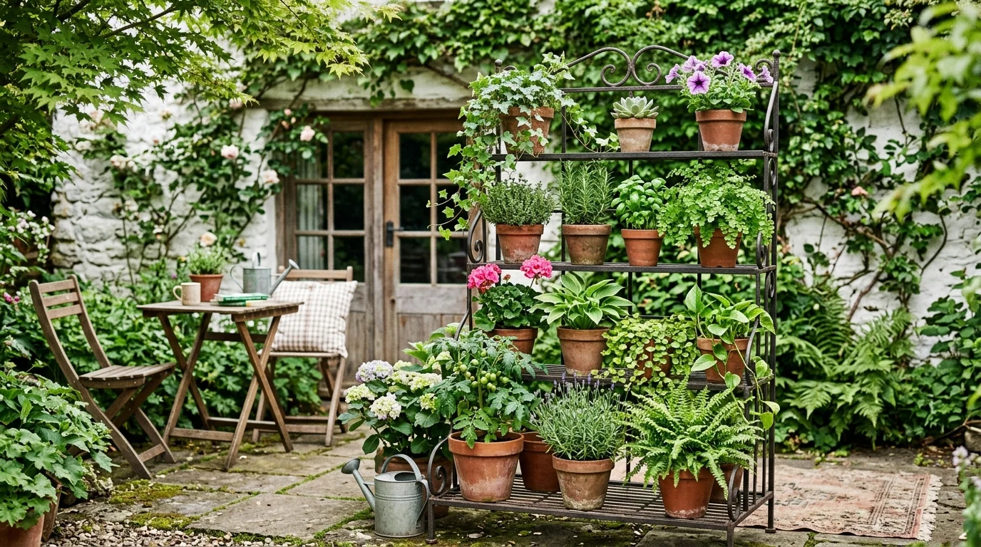 A multi-tier plant stand in a compact garden.