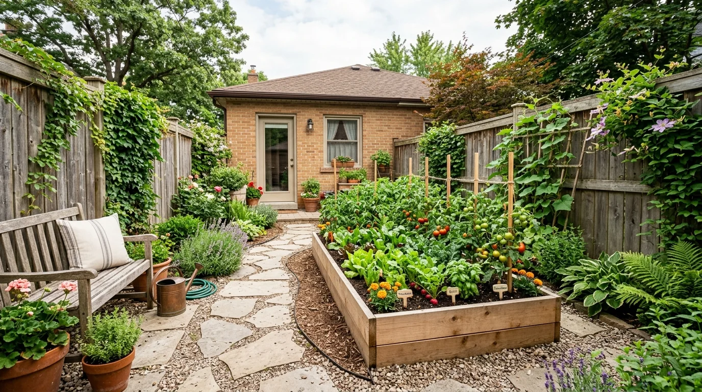 A raised bed in a tiny yard for efficient growing.