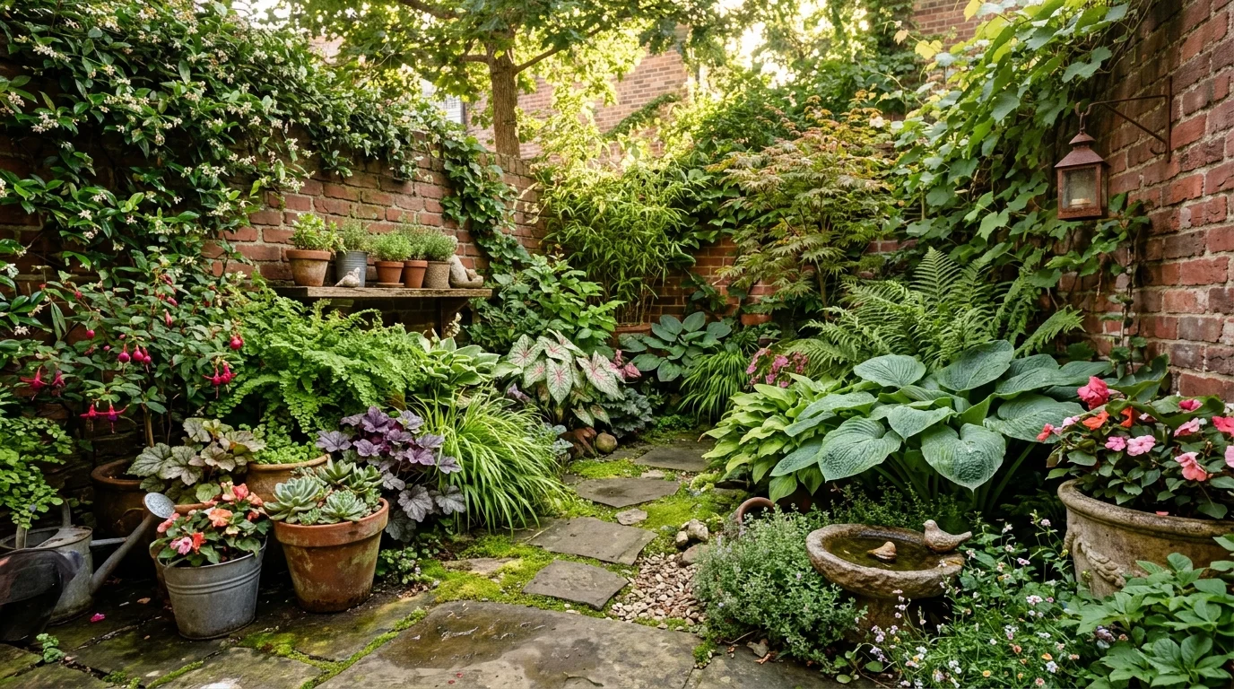 A corner garden utilization setup in a small yard.
