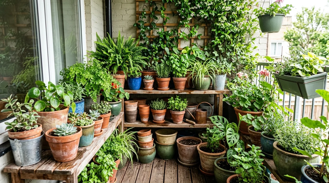 A compact container garden with layered pots.