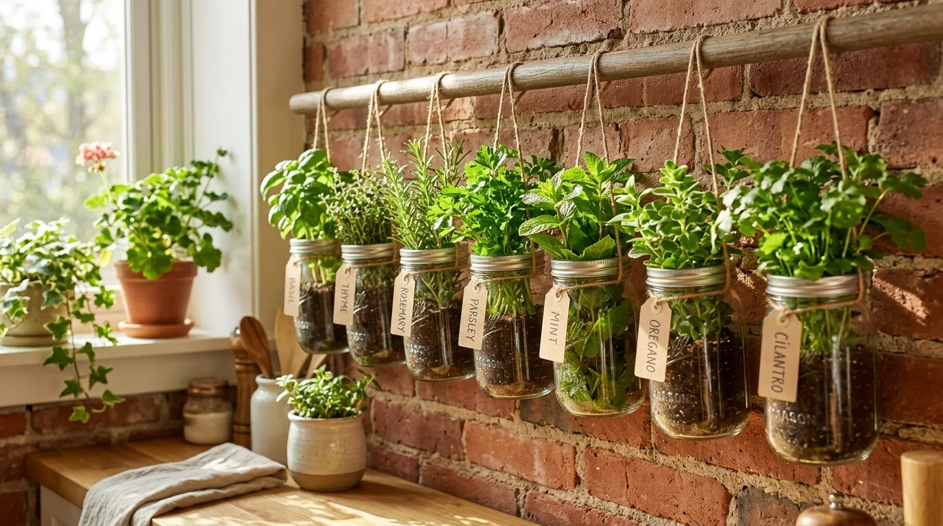 Hanging mason jar herbs styled for a compact space.