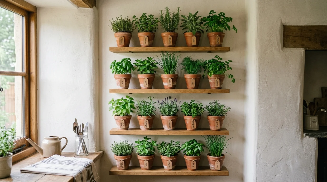 A narrow shelf herb wall with a tidy arrangement.