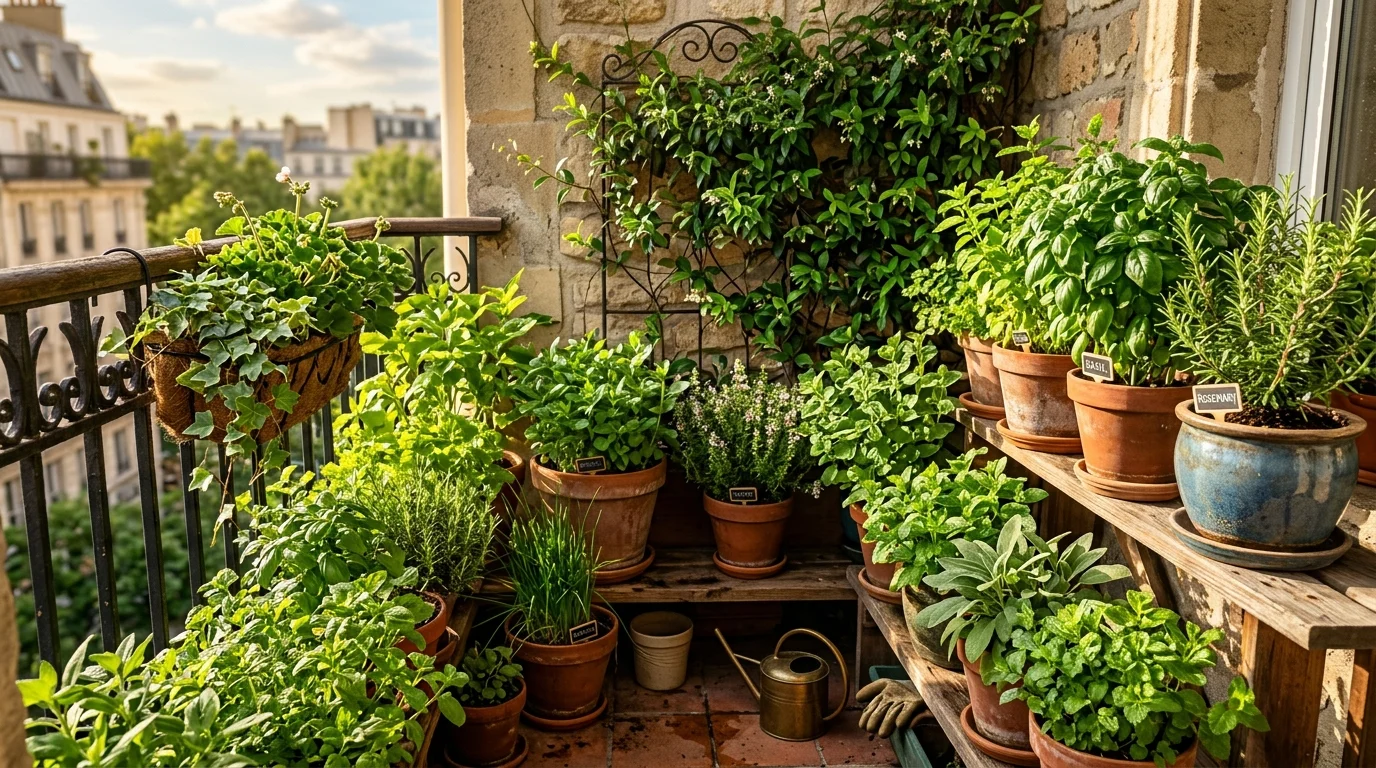 A balcony corner herb jungle with layered greenery.