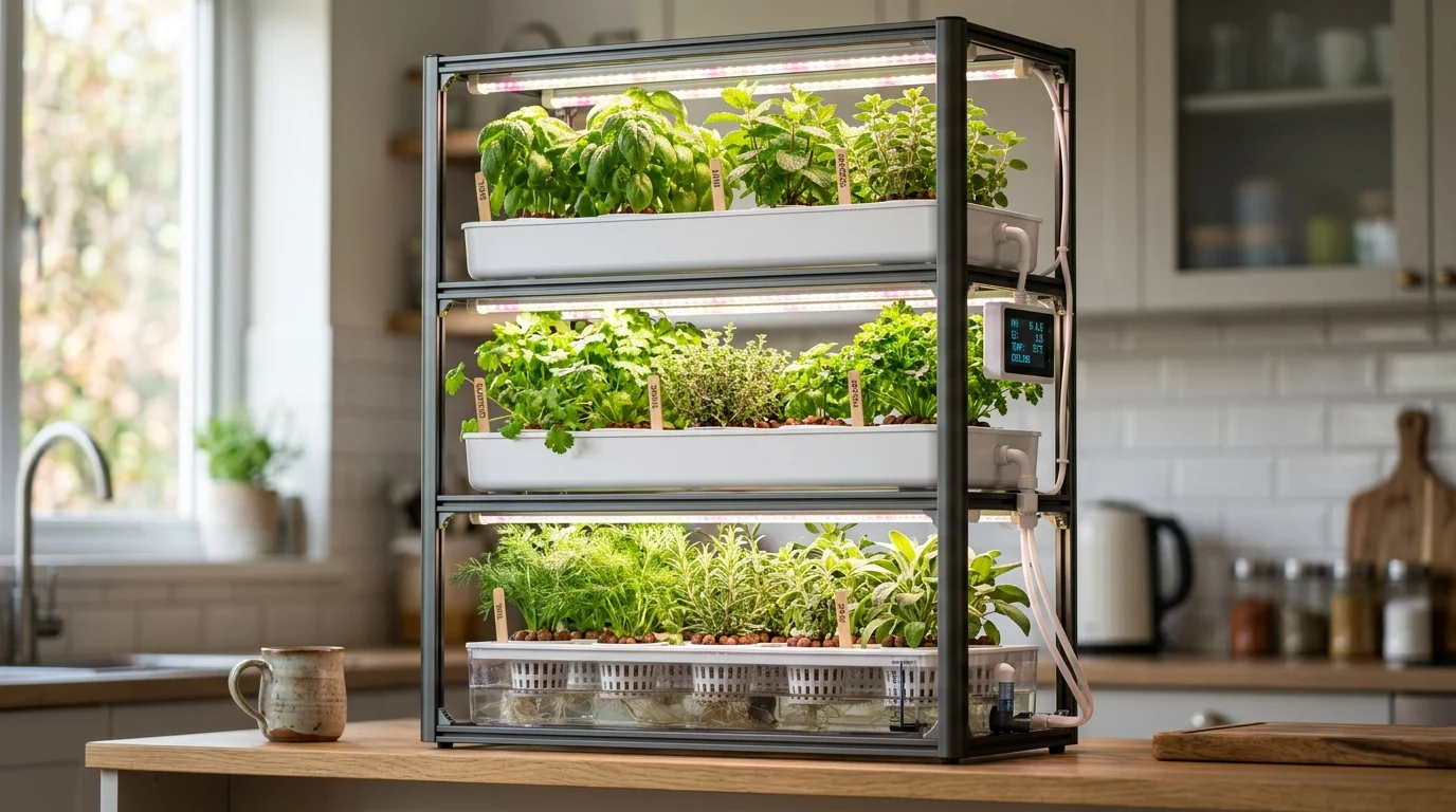 A modern hydroponic herb setup for indoor growing.