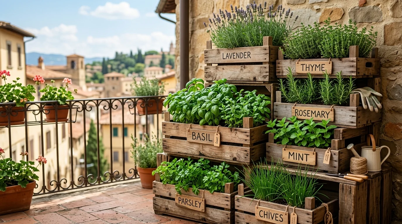 A rustic wooden crate herb garden with cozy styling.