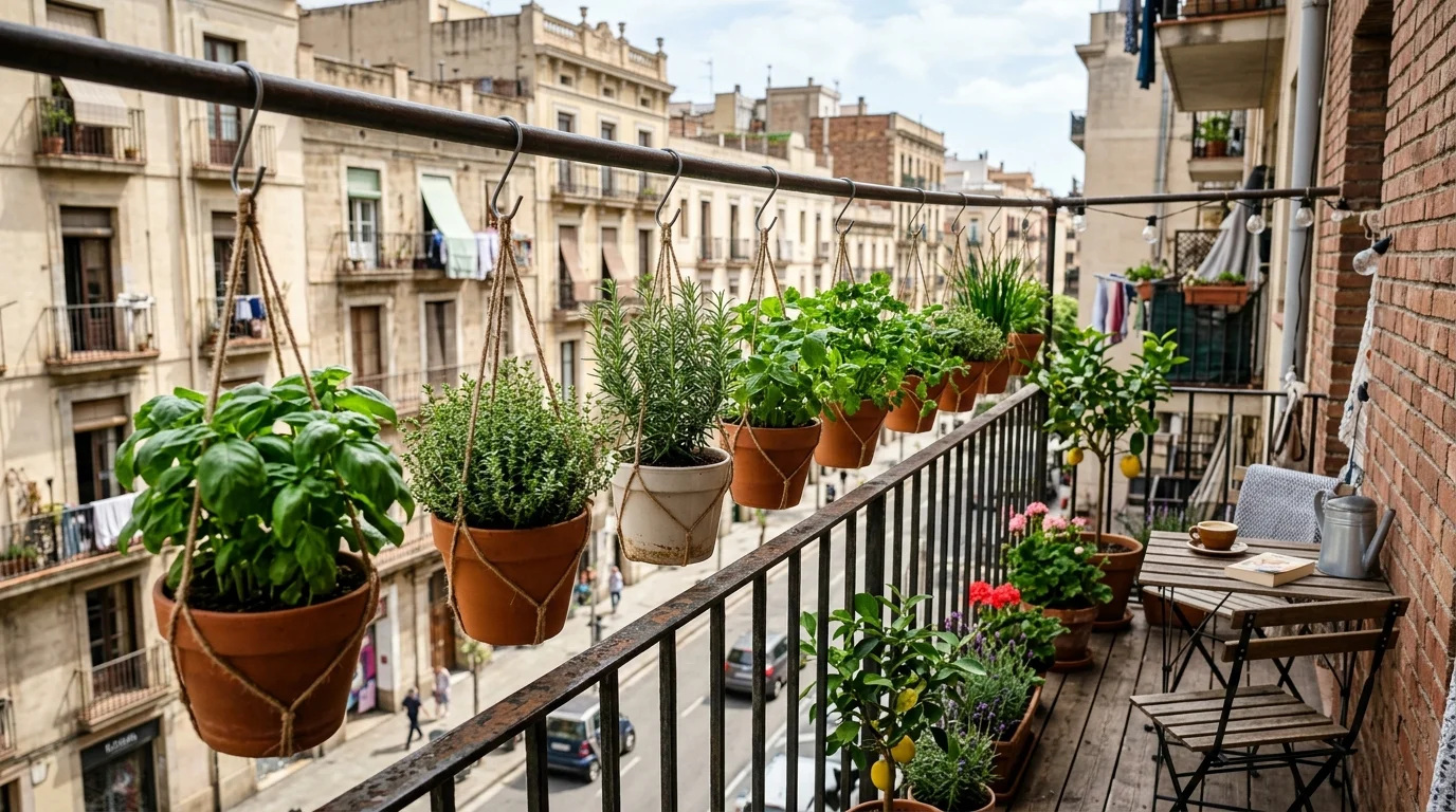 Hanging herb pots bringing greenery into a small space.