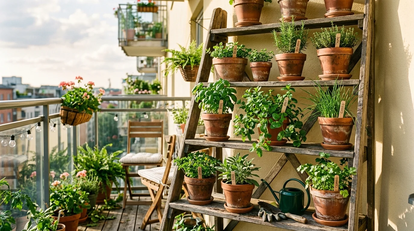A ladder shelf herb display with multiple tiers of herbs.