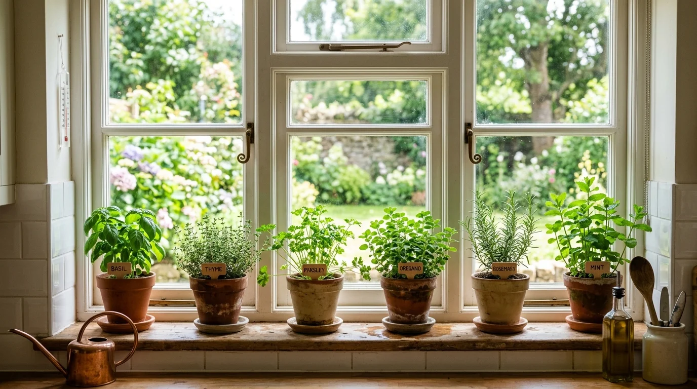 A window herb garden bringing fresh greenery indoors.