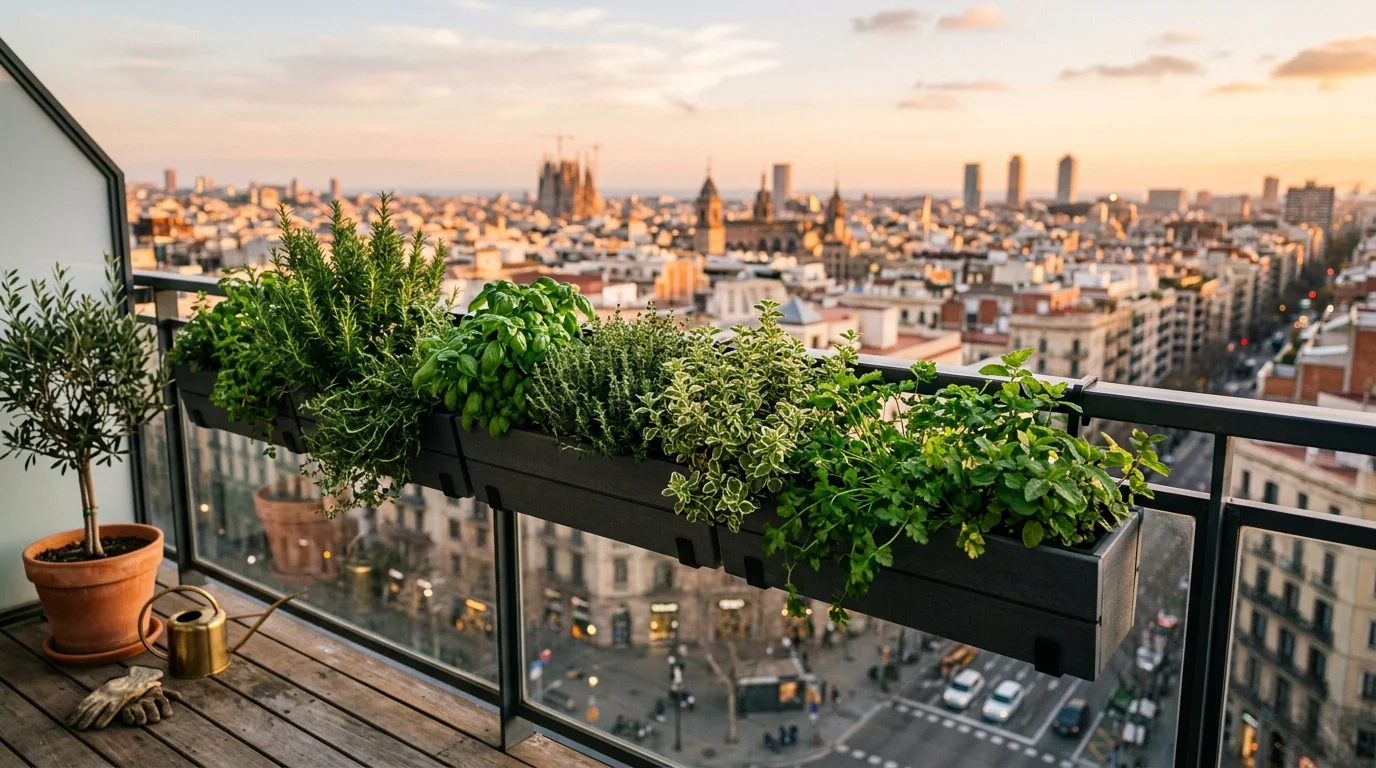 A rail planter herb setup for a sunny balcony.