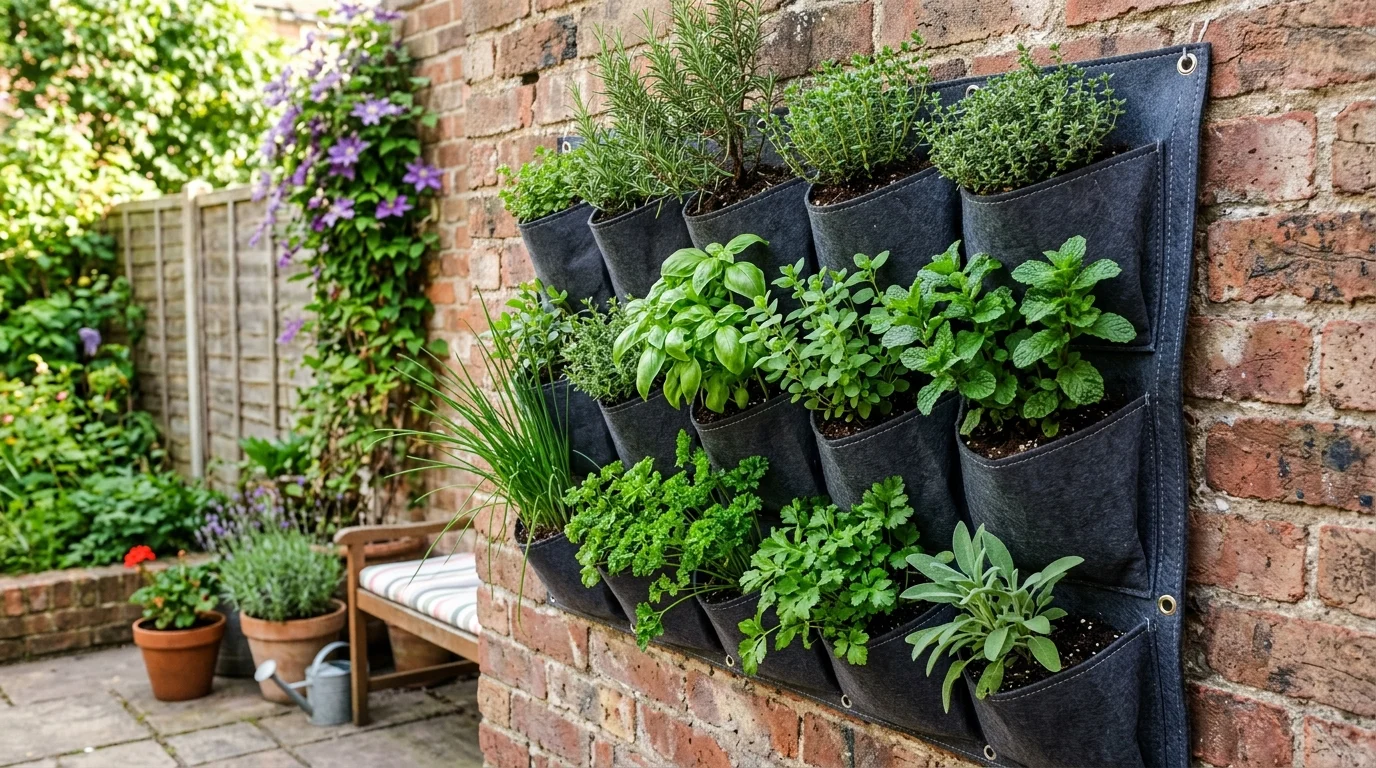 Wall-mounted pocket planters filled with herbs.