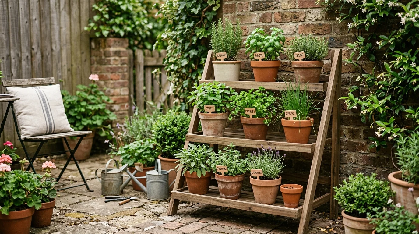 A tiered herb stand with neatly arranged pots.