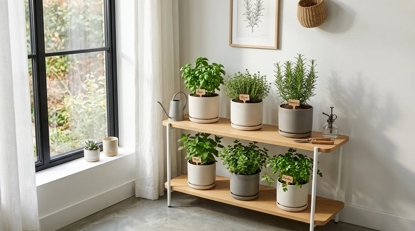 A minimalist indoor herb corner with clean styling.