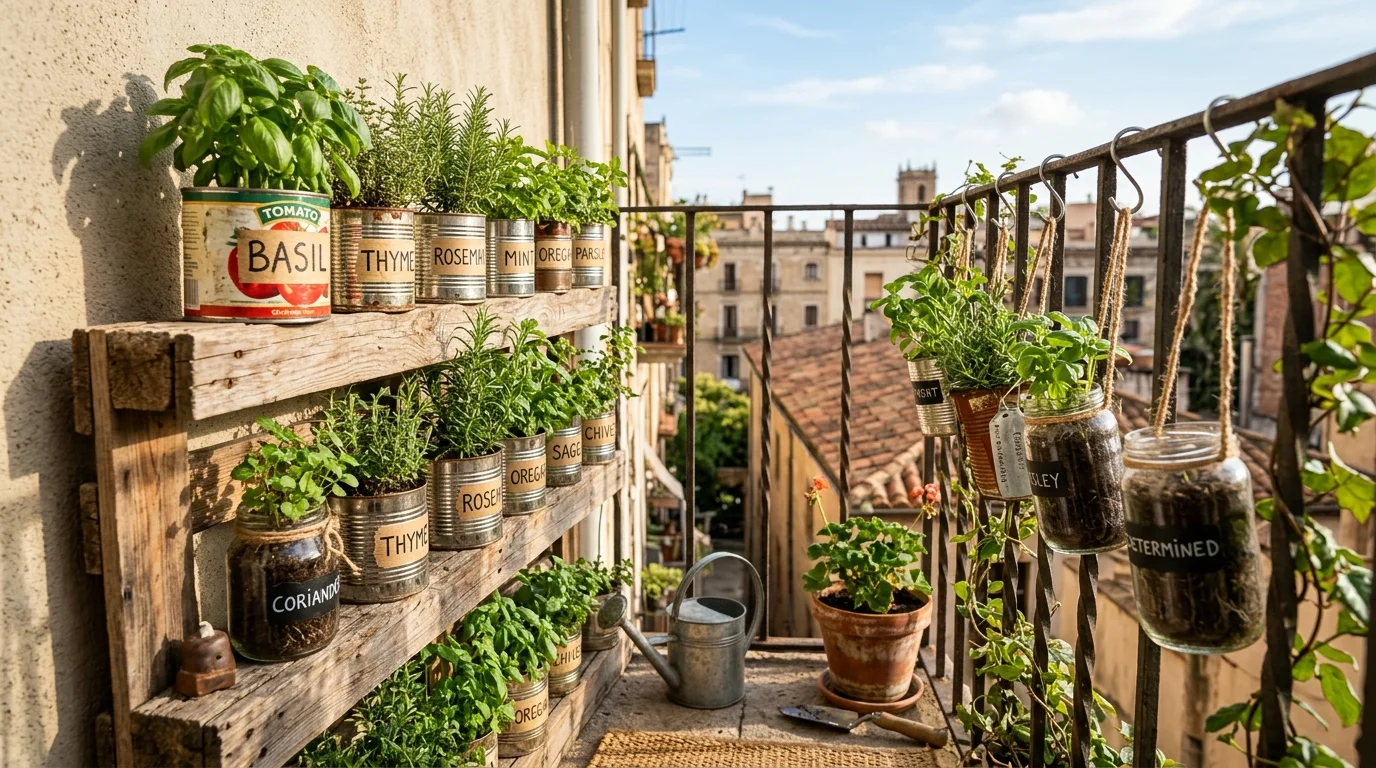 A recycled container herb garden with upcycled charm.