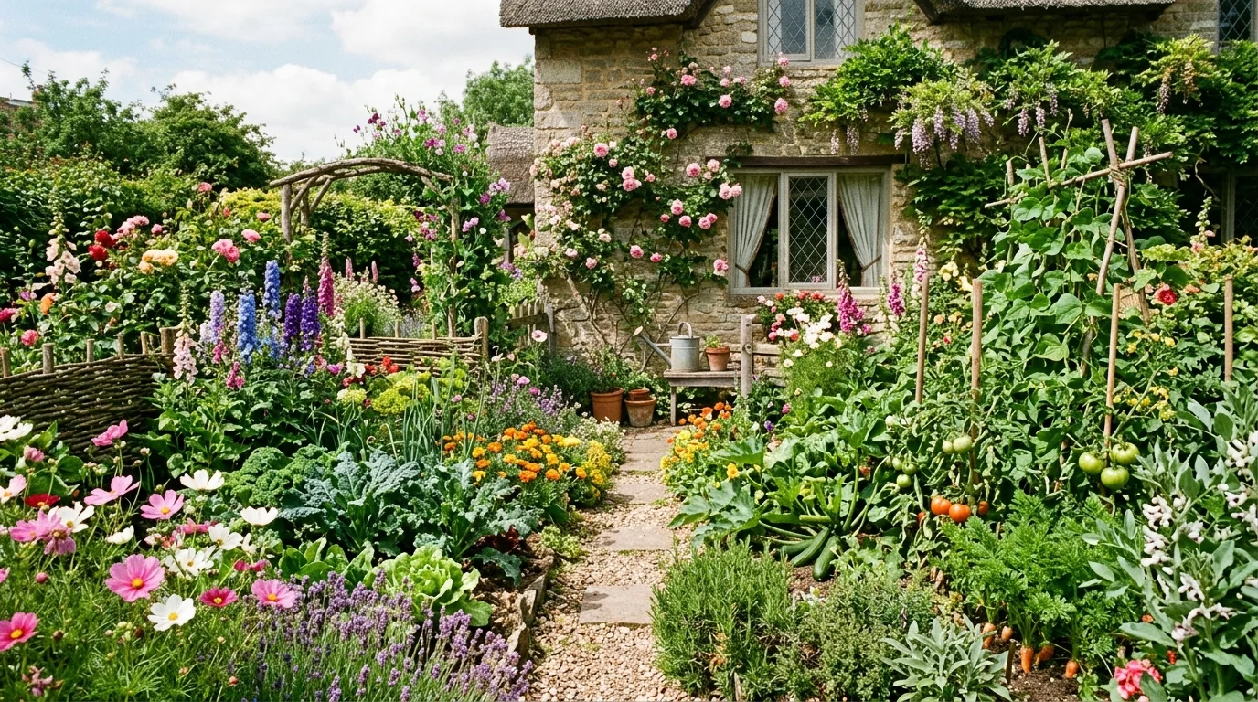 A mixed flower and vegetable garden layout.