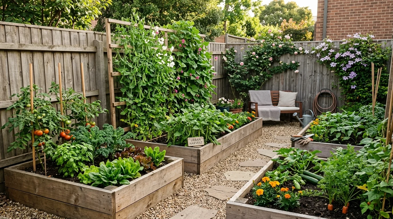 A backyard corner garden layout with efficient planting.