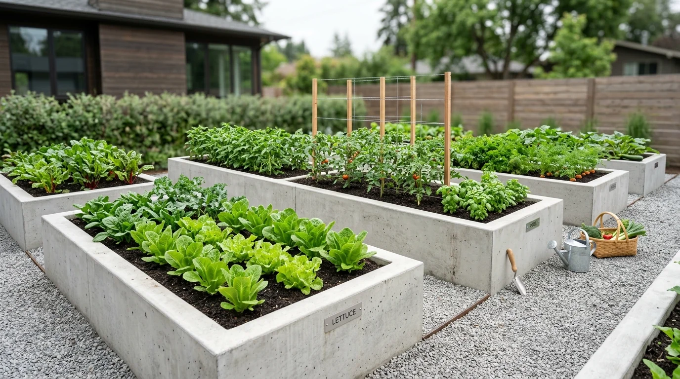A modern minimal vegetable garden with clean lines.