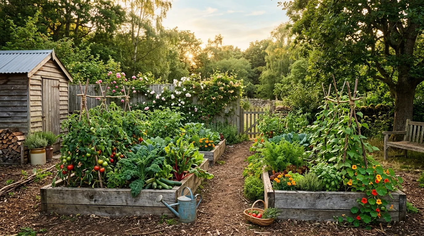 A rustic cottage garden layout for a small vegetable plot.