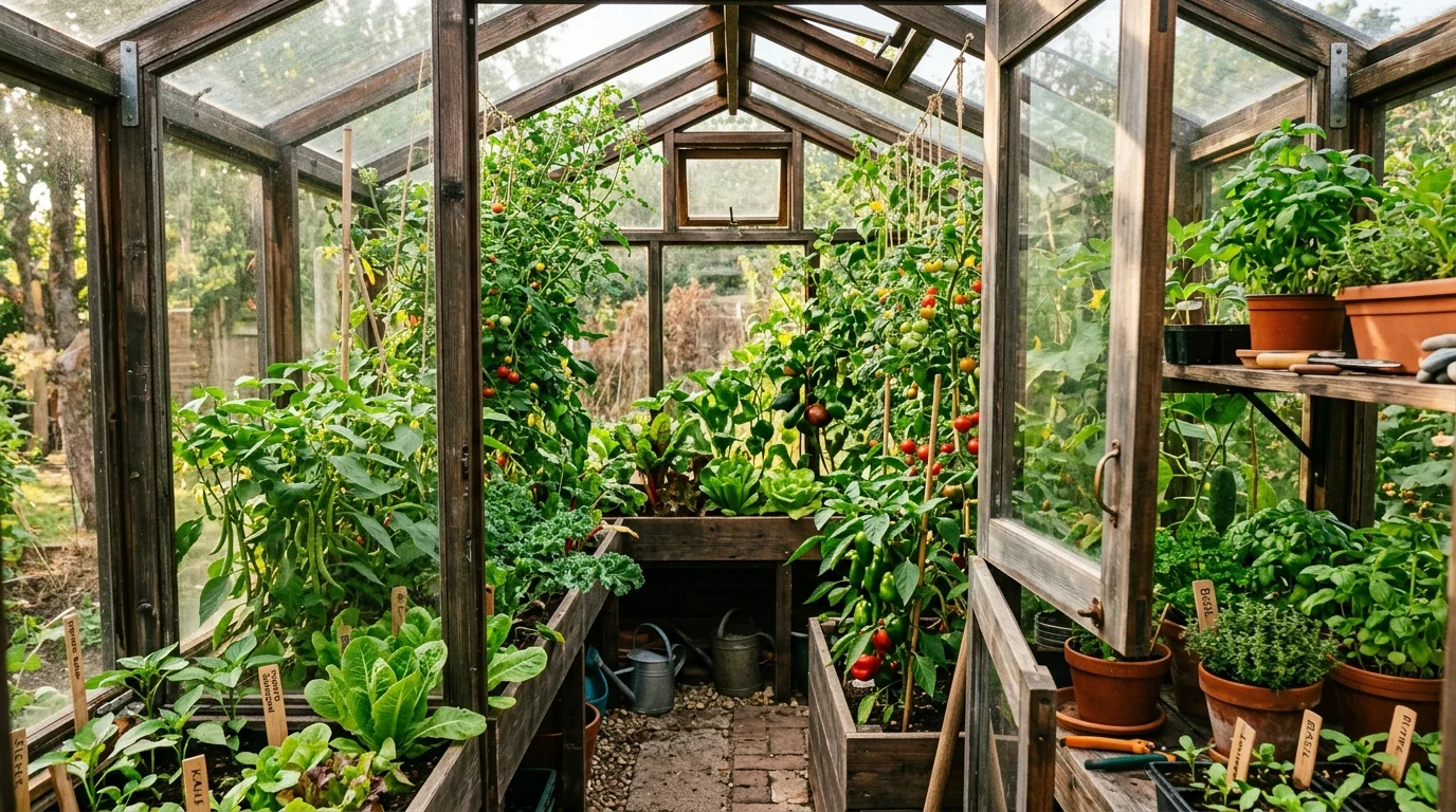 A greenhouse mini garden layout for compact spaces.
