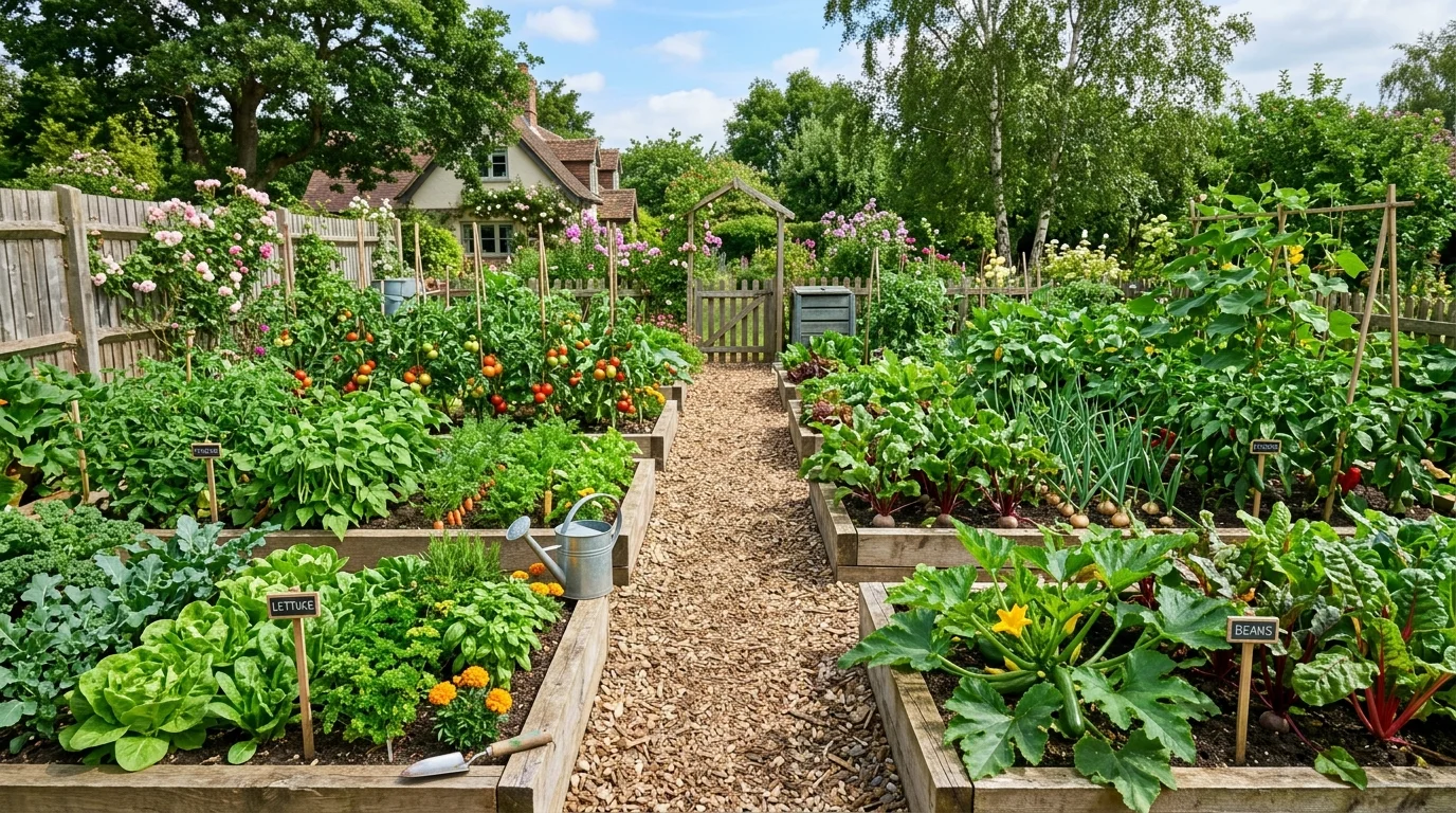 A pathway-centered garden layout for easy harvesting.