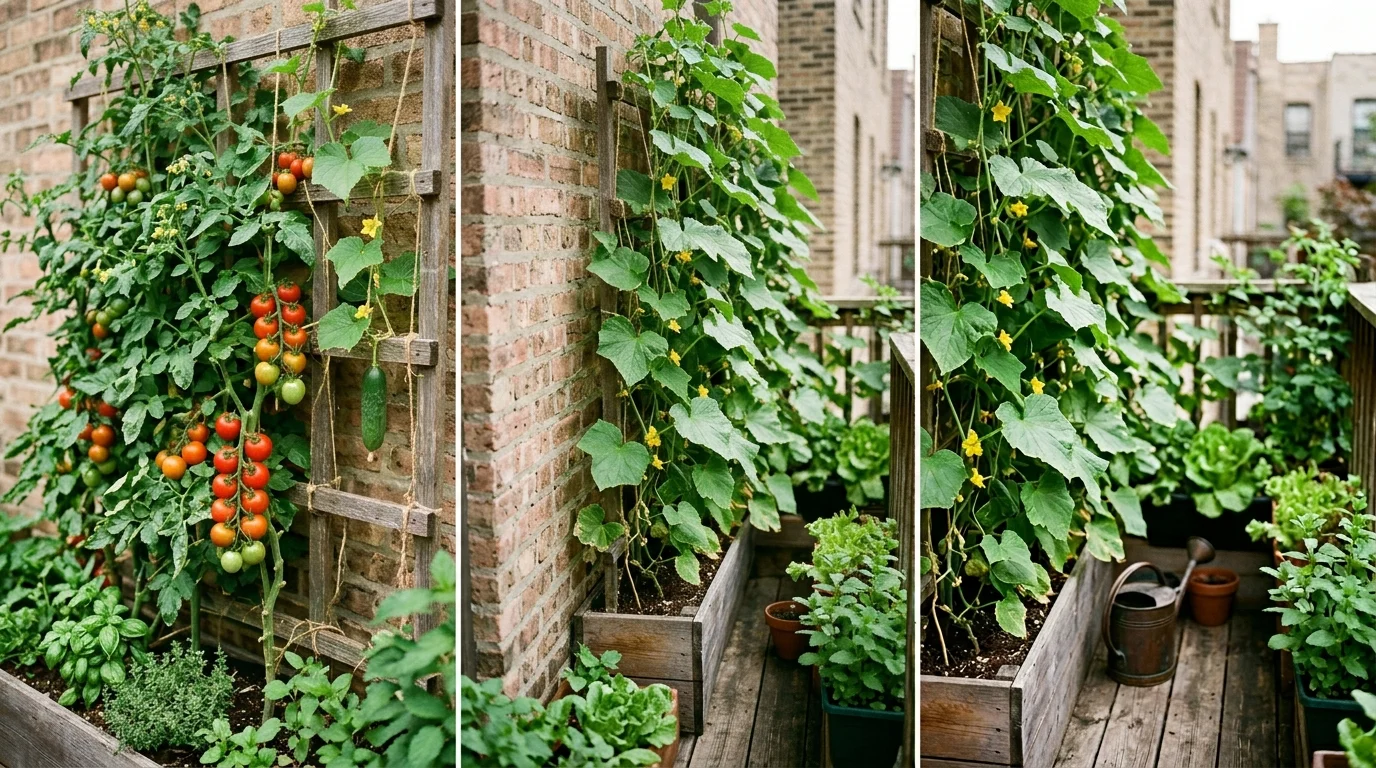 A vertical vegetable garden using upward space.