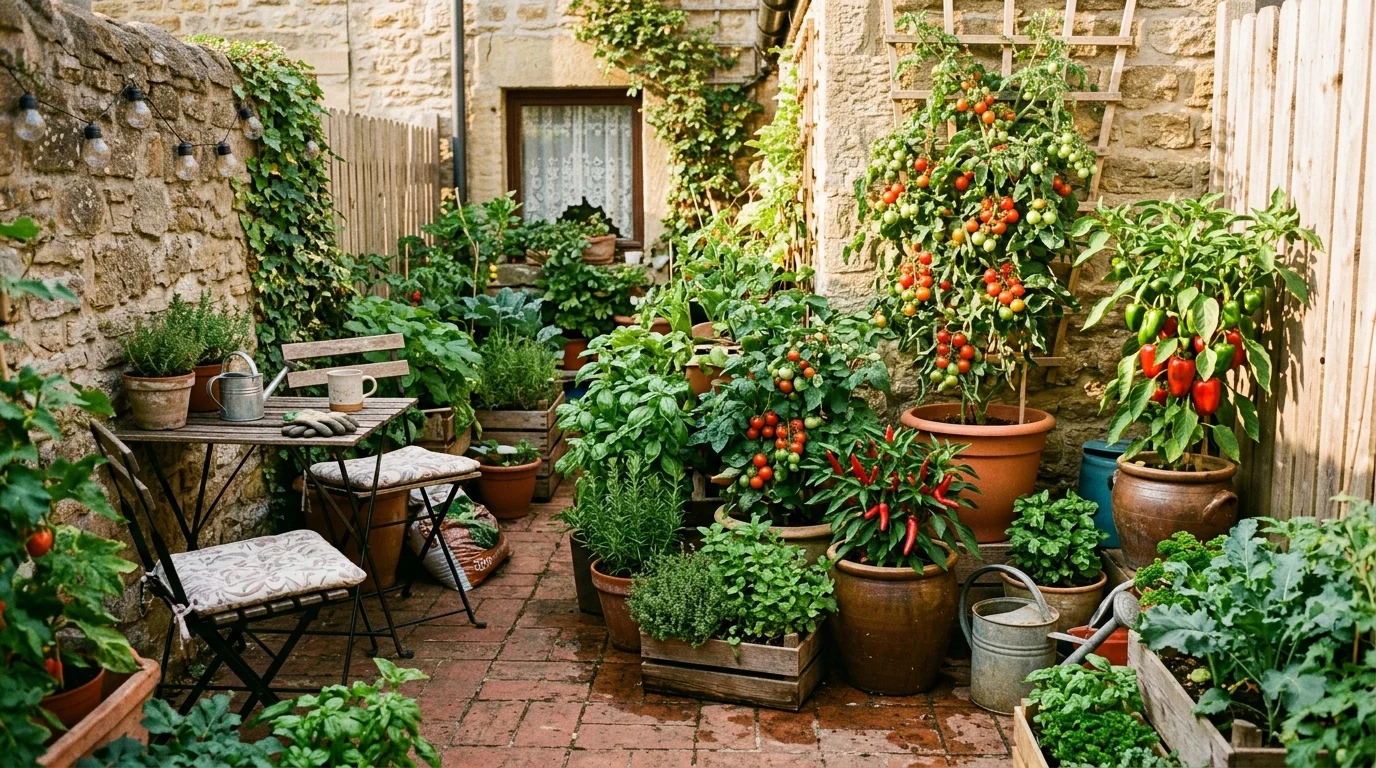 A container vegetable garden arranged for easy access.