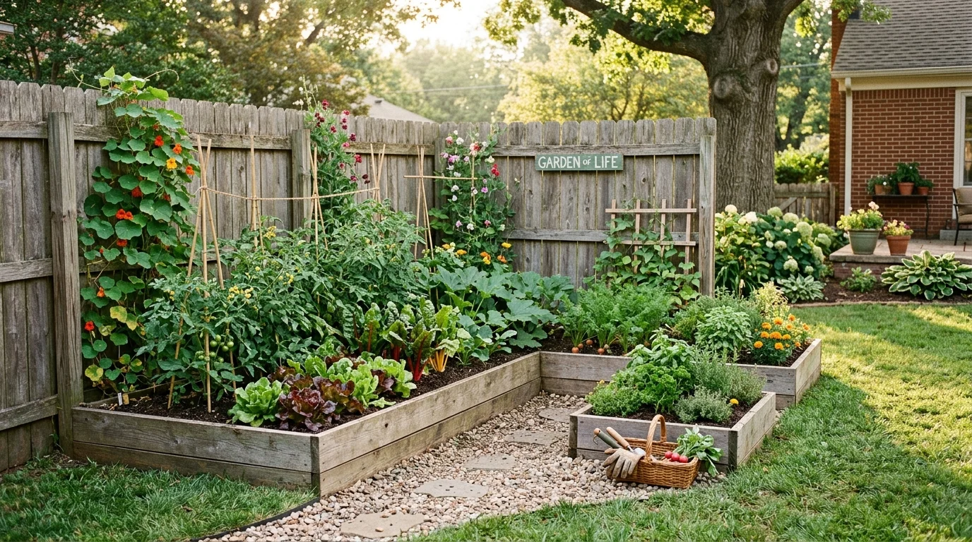 An L-shaped garden layout maximizing corner space.