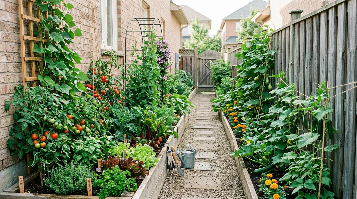 A narrow side yard garden with efficient planting rows.