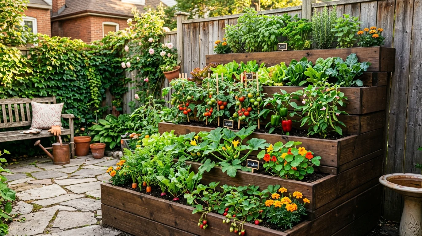 A tiered vegetable garden with layered planting beds.