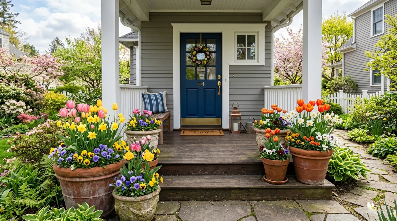 Classic floral porch planters brightening a spring entryway.