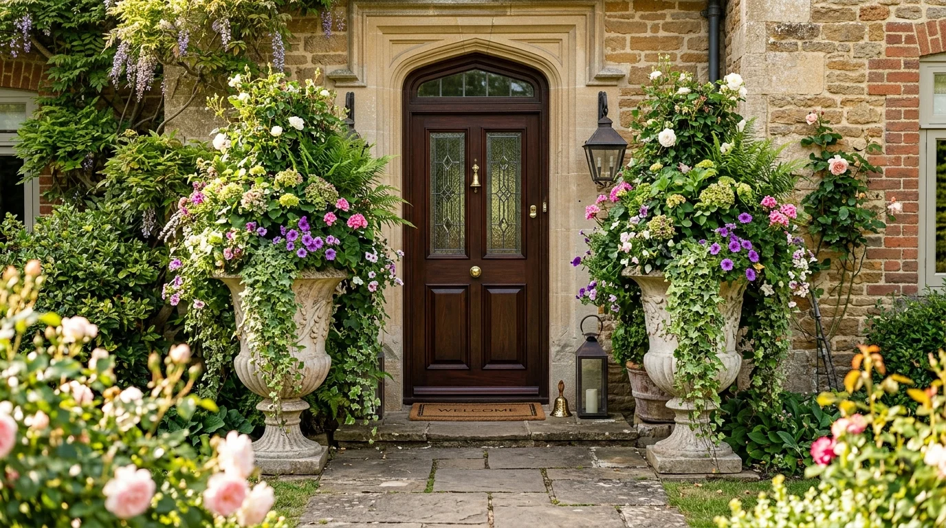 Tall statement planters creating height and drama at a spring entryway.