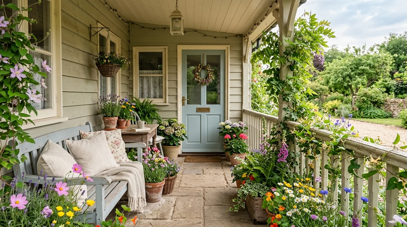 Cottage-style porch planters creating a soft and welcoming spring look.