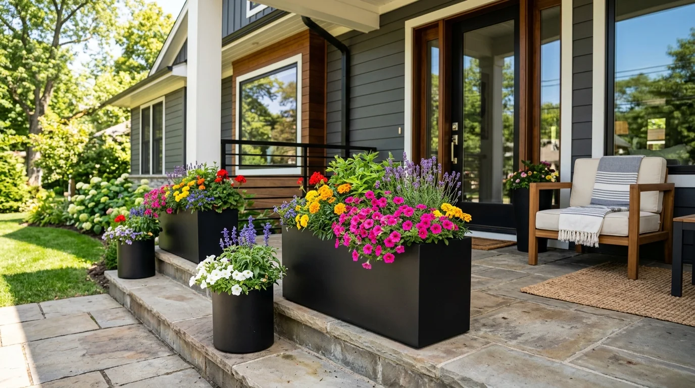 Modern black planters with bright blooms making a strong spring statement.