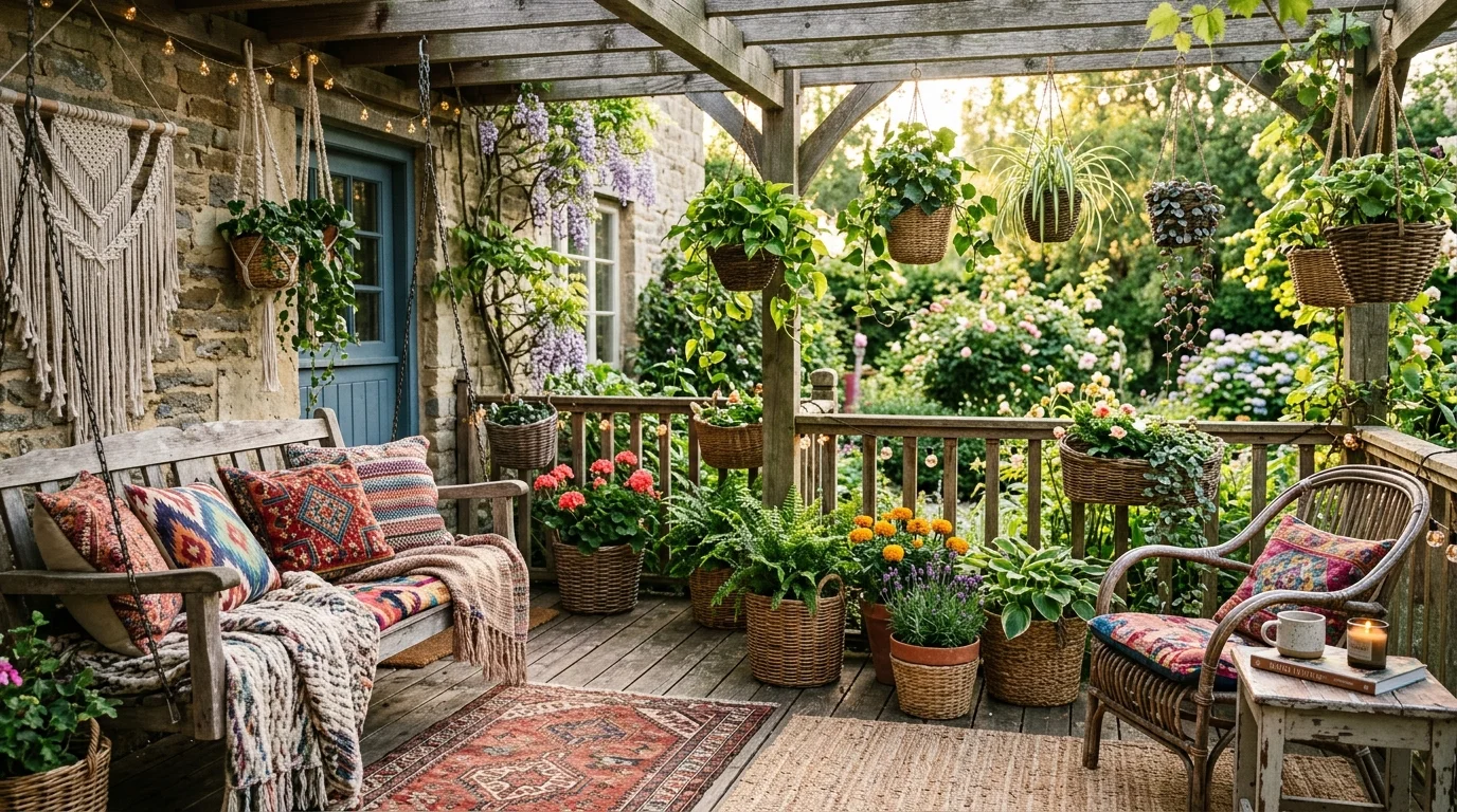 Boho style porch planters adding texture and warmth to a spring entry.