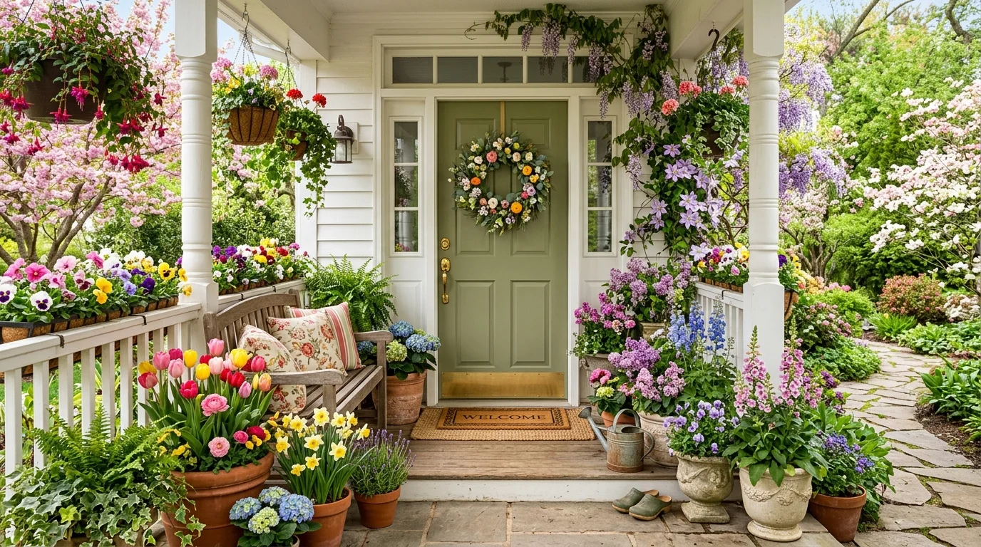 A full spring entryway scene using layered porch planters and seasonal styling.