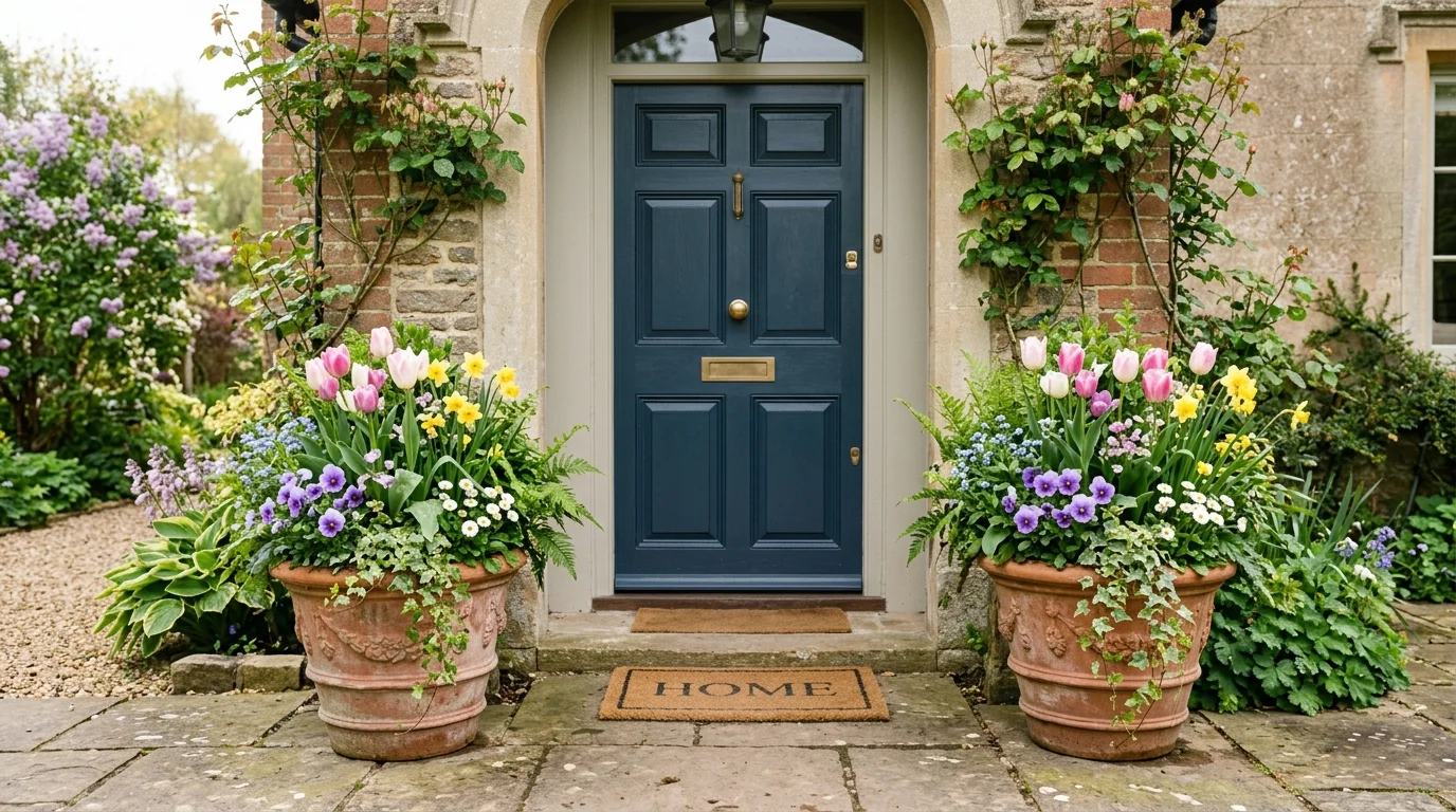Symmetrical entryway planters creating a polished and balanced spring porch.