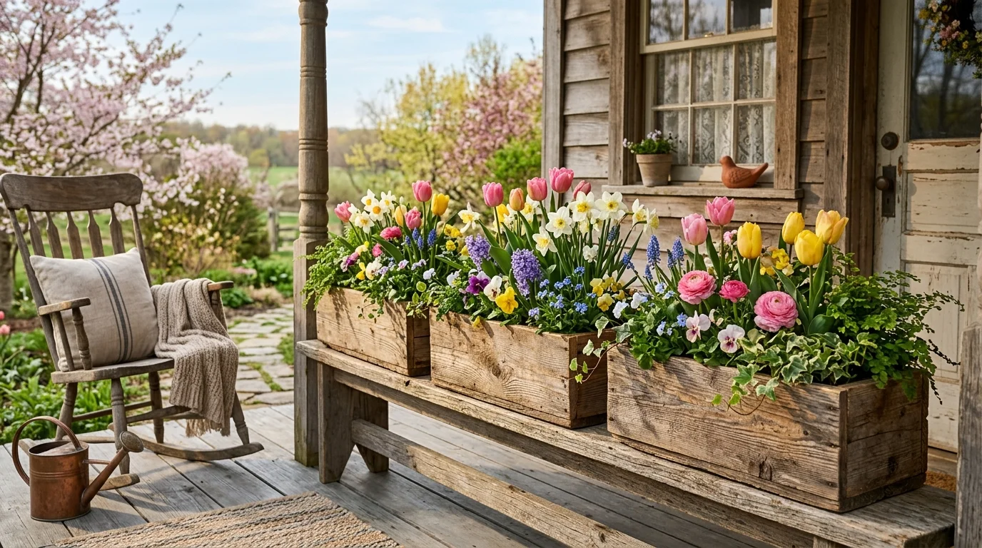 Rustic wooden planter boxes bringing warmth and spring charm to a porch.