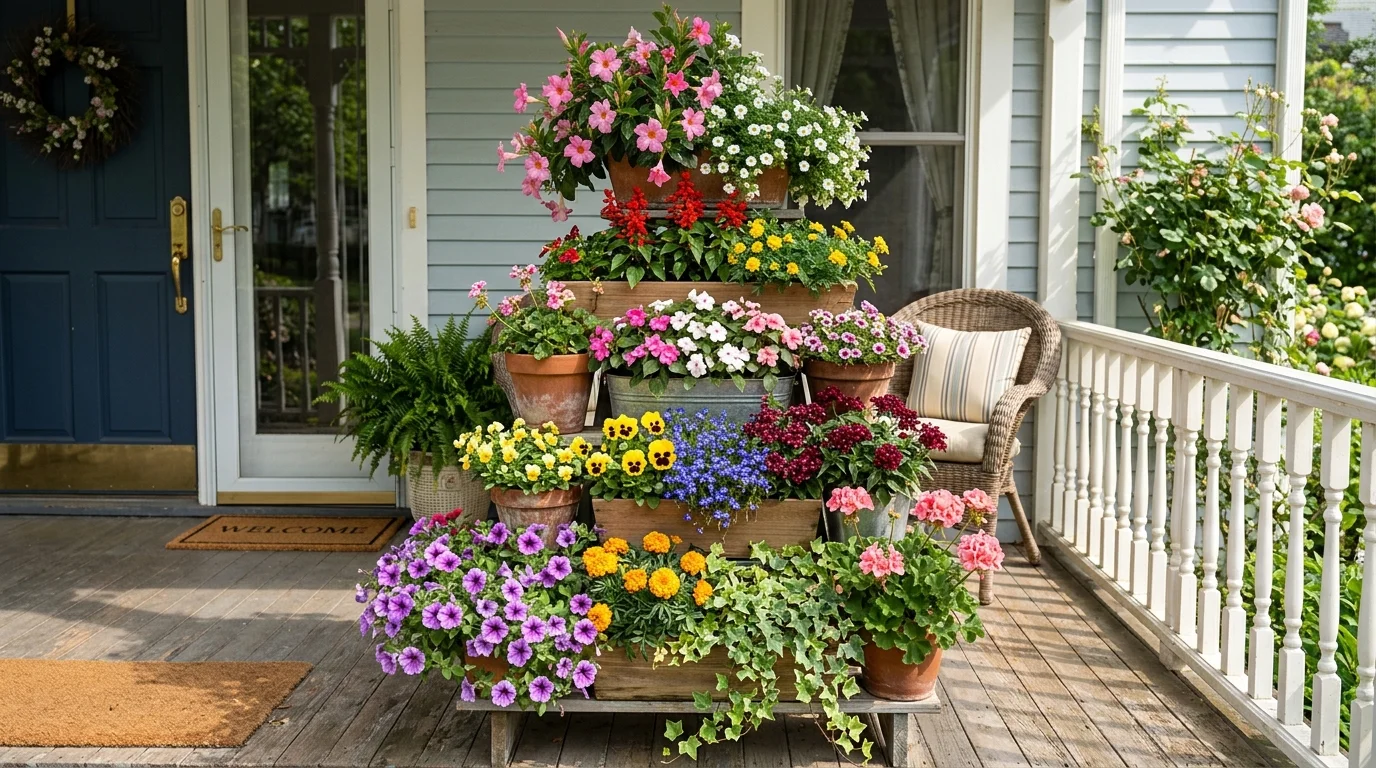 A tiered planter display adding layered height to a spring porch.
