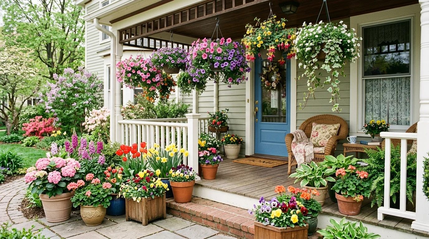 A hanging and floor planter combo creating a fuller spring porch display.