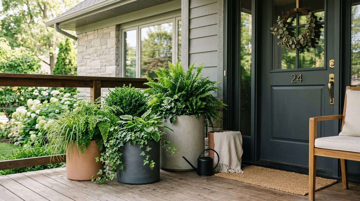 Minimalist greenery planters creating a calm modern spring entryway.