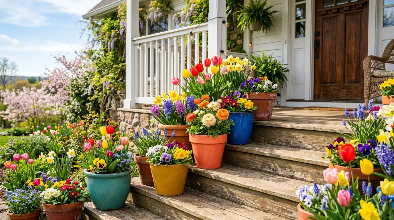 Colorful mixed flower pots brightening a porch with strong spring energy.