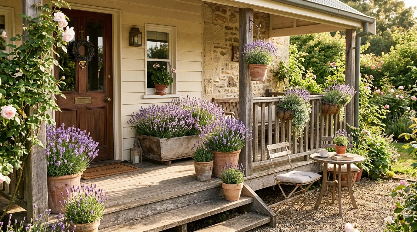 Lavender porch planters adding fragrance and softness to the front entry.