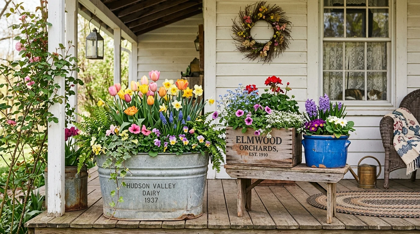 Vintage container planters bringing charm and personality to a spring porch.