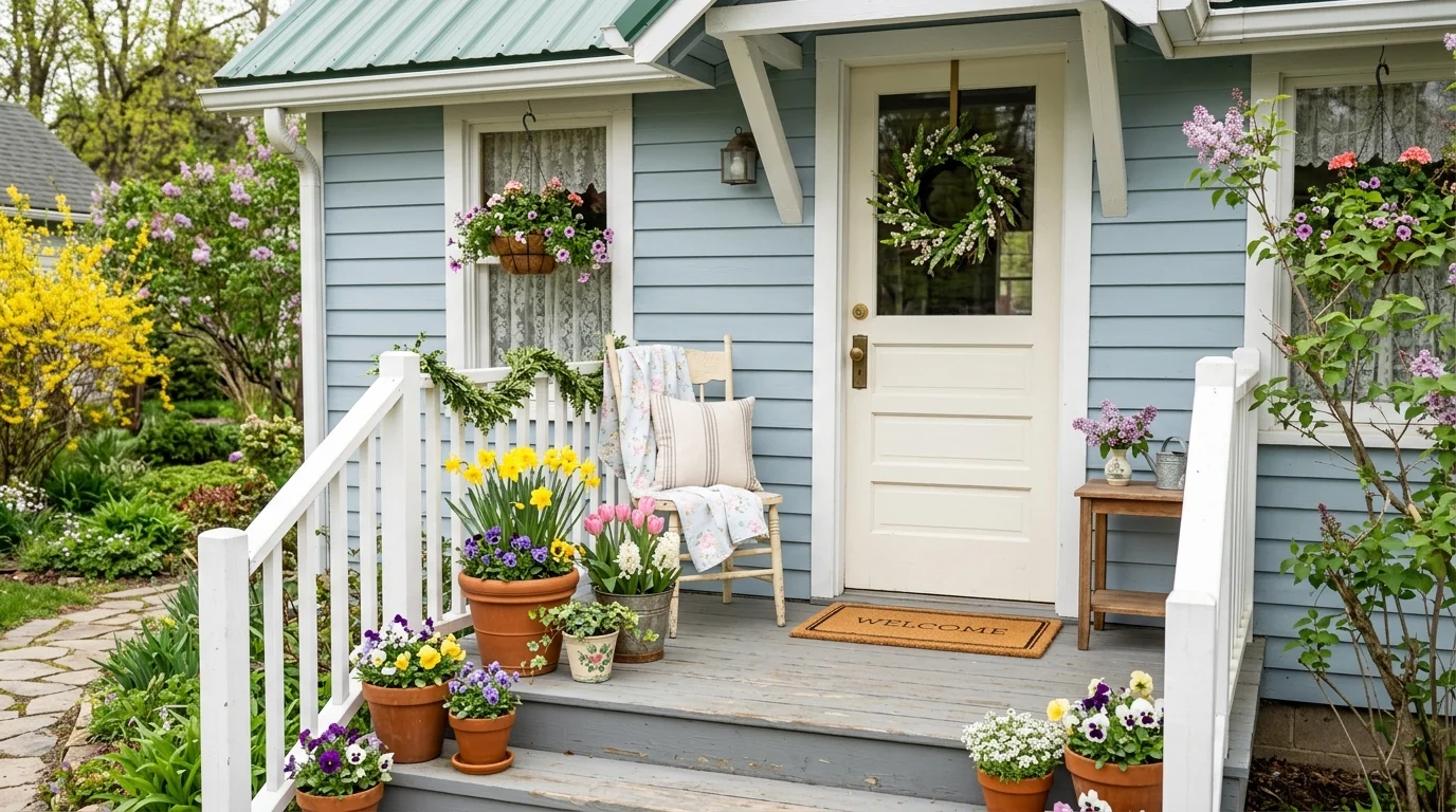 A budget-friendly spring porch styled with cheerful seasonal decor and plants.