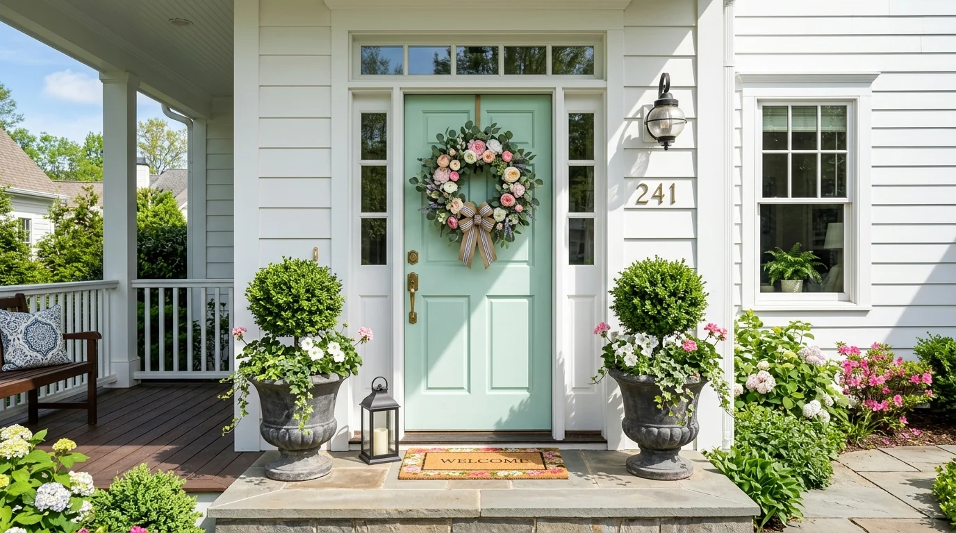 A statement spring porch focused on the door and entry decor.