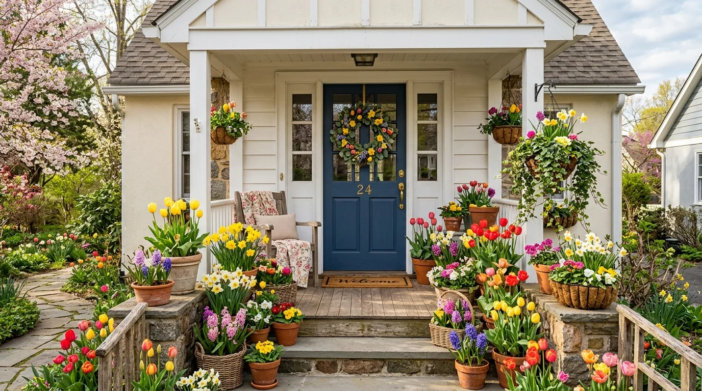 A floral-focused spring porch entry filled with seasonal color.