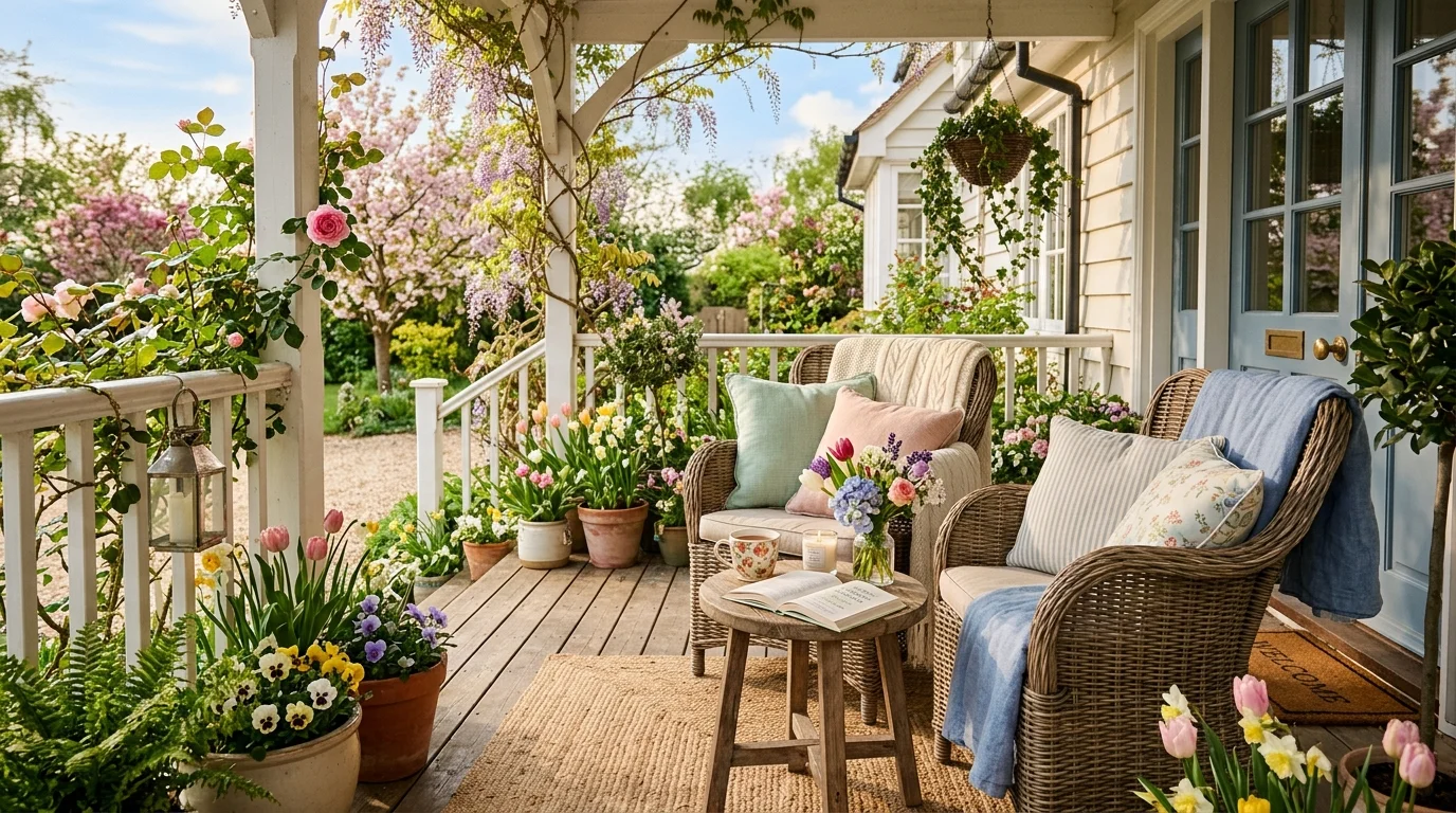 A cozy spring porch seating setup with layered decor.