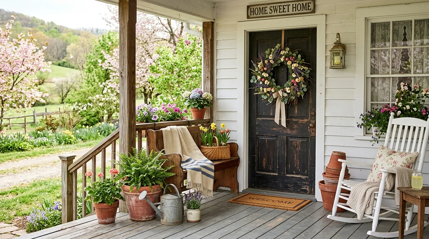 A rustic spring porch with charming natural textures and decor.