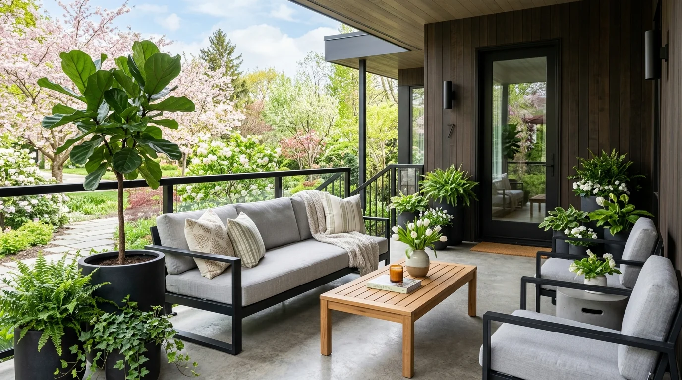 A modern spring porch design with crisp shapes and fresh styling.