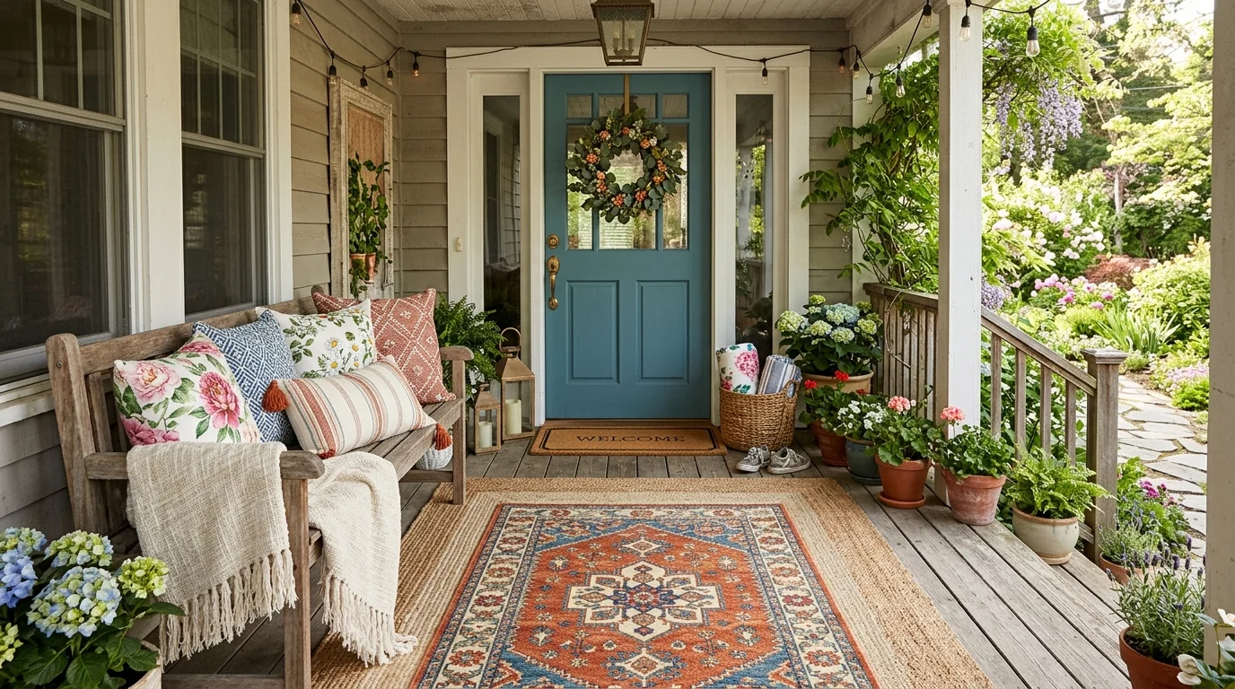 A spring porch styled with layered rugs and textiles.